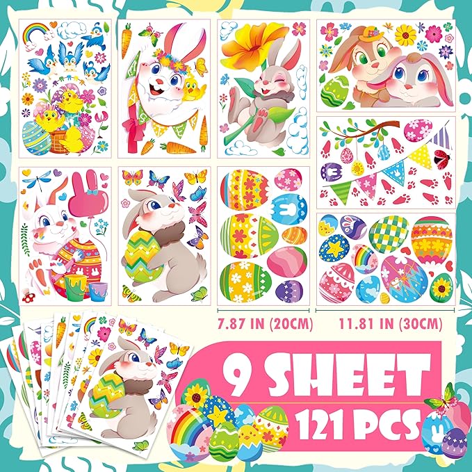 Large Easter Window Clings - Bunny Window Stickers Decals for Glass Windows, Cute Easter Egg Double Sided Reusable Window Holiday Decorations, Bird Office Spring Patry Decor, 9Sheet/121PCS