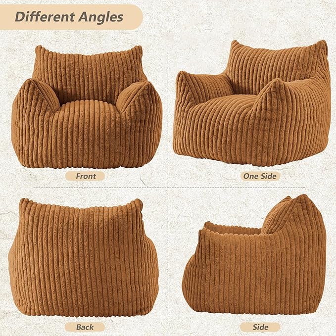 Giant Bean Bag Chairs for Adults Teens, Large Bean Bag Sofa Chairs with Filling Comfy Fuzzy BeanBag Chair with Armrests for Bedroom Living Room Reading (Brown, Medium)