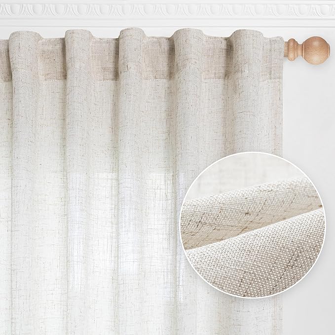 MYSKY HOME Farmhouse Kitchen Curtains 54 inches Long, Boho Curtain Panels Farmhouse Style Flax Linen Polyester Blend Texture for Home Decor, Light Soften Privacy Drapes, Linen, Pack-2
