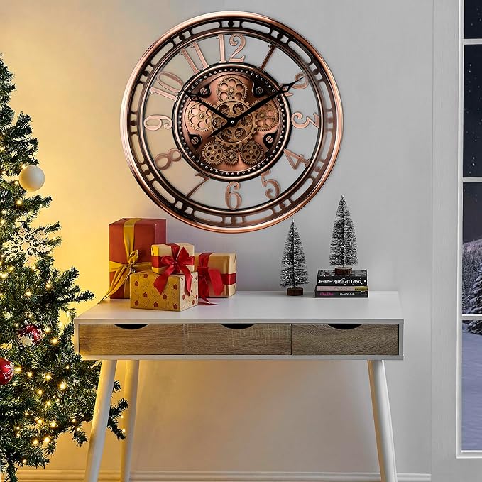 CLXEAST 21 Inch Moving Gear Wall Clock for Modern Farmhouse Living Room Decor,Large Industrial Steampunk Wall Clock for Home Office,Metal Copper Finished,House Warming Gifts New Home
