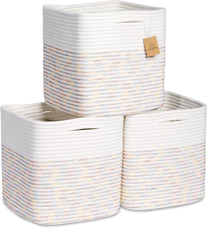 NaturalCozy Storage Cubes 11 Inch Cotton Rope Woven Baskets for Organizing, 3-Pack | Cube Storage Bin | Square Storage Baskets for Shelves Organizer, Classroom, Kids Toy Bins, Closet, Baby Nursery