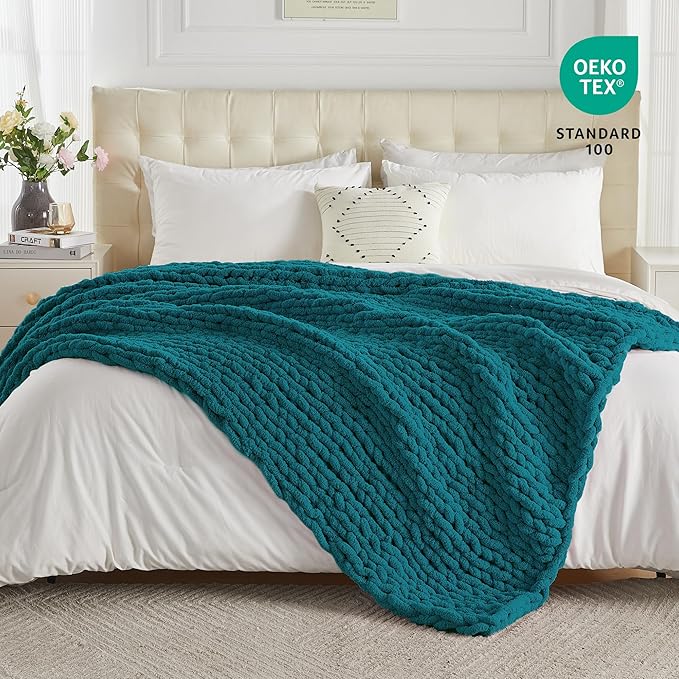 Carriediosa Chunky Knit Throw Blanket 60" X 80" Twin, 100% Hand Made Large Chenille Loop Yarn Soft Fluffy Throws for Couch Sofa Bed, Big Crochet Cozy Heavy Thick Cable Woven Blankets, Teal