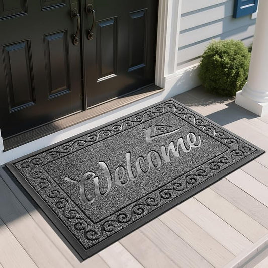 Yimobra Welcome Mat, Heavy Duty Sturdy Door Mats for Home Entrance Outdoor Indoor, Front Doormat for Outside Patio Floor Entry Porch Garage Office, Waterproof, Low Profile, 47X32 Inches, Black Grey