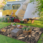 GENIMO Outdoor Rug Waterproof for Patio Decor, 9' x 12' Reversible Plastic Straw Floral Camping Carpet, Large Area Rugs Mats for RV, Camper, Deck, Balcony, Porch, Beach, Picnic, Black & Brown