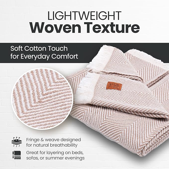 Gold Case Throw Blanket for Couch – 100% Recycled Turkish Cotton Blankets & Throws – Elegant Decorative Throw Blankets for Living Room Sofa – Woven Throws for Couch – Elegant Beige – 50x60