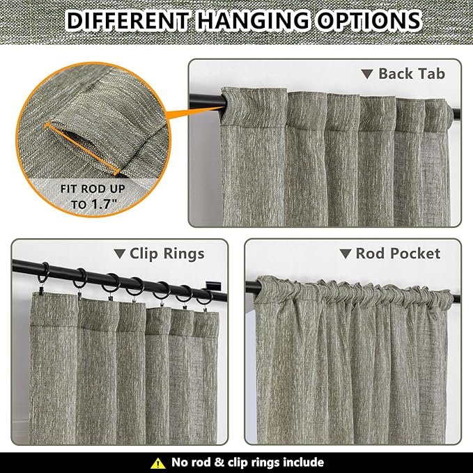 MYSKY HOME Living Room Curtains 84 Inches Long Semi Sheer Light Filtering Privacy Drapes Linen Look Textured Boho Home Decor, Backdrop Curtain for Parties, 50" x 84", Olive Green, 2 Panels