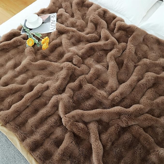 RYNGHIPY Faux Rabbit Fur Throw Blanket Ruched Plush Fuzzy Blanket for Couch Bed Sofa Heavy Warm Comfy Throws for Living Room Bedroom Machine Washable (Solid Brown, 63''x79'')