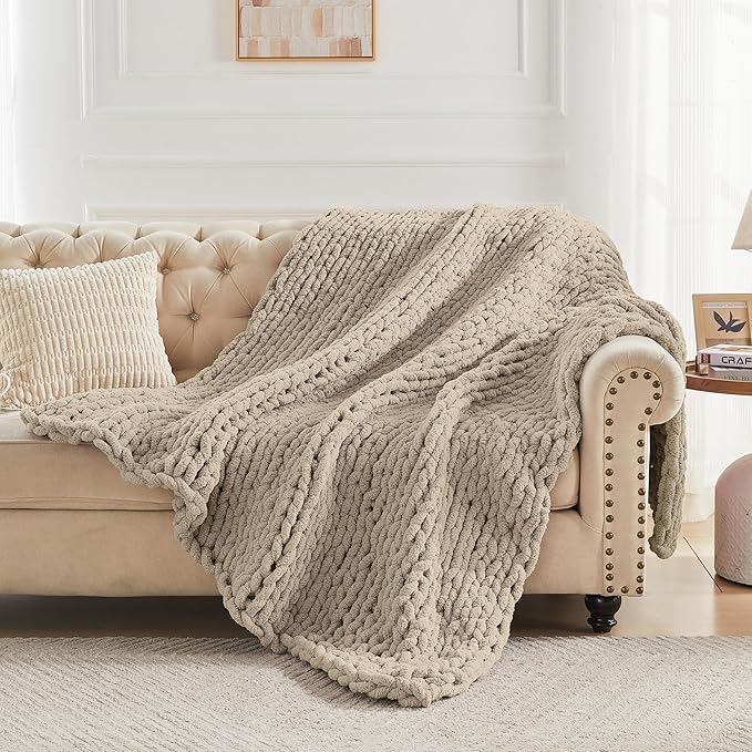 Carriediosa Chunky Knit Throw Blanket 50" X 60", 100% Hand Made Large Chenille Loop Yarn Soft Fluffy Throws for Couch Sofa Bed, Big Crochet Cozy Heavy Thick Cable Woven Blankets, Taupe
