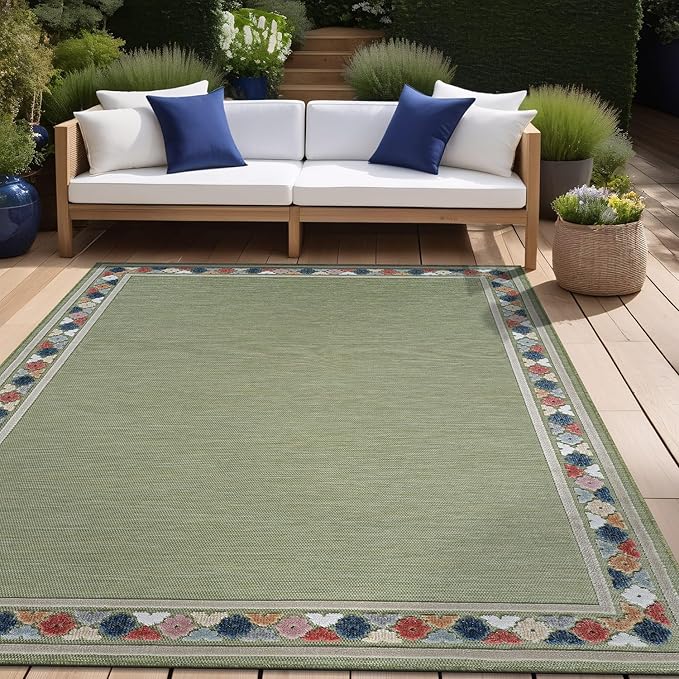 Beverly Rug Outdoor Rug 9x12 Modern Bordered Large Area Rugs for Indoor and Outdoor Patio Easy to Clean Non Shedding Living Room Porch Garden Washable Outside Carpet (9 x 12 Green)
