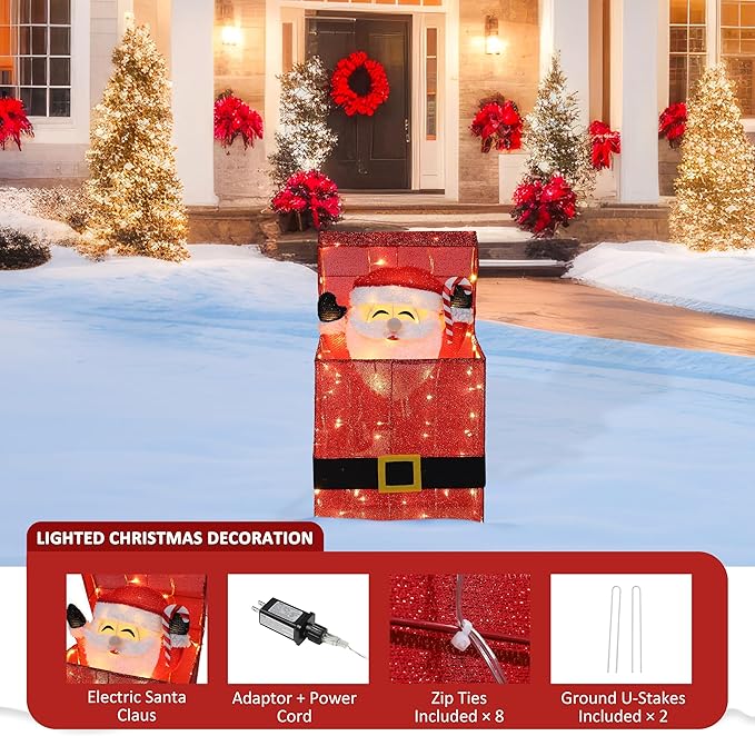 Light Up Electric Santa Claus Decor with 100 LED Lights, 3D Pre-Lit Animated Santa Claus for Xmas Decoration, 14.17" L x 10" W x 26.97" H Freestanding Glittered Display for Outdoor, Indoor