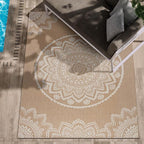 CAMILSON Outdoor Rug 8x10 Modern Area Rugs for Indoor and Outdoor Patios and Porches - Waterproof, Washable, Non-Shedding, Easy-to-Clean Outside Carpet (8 x 10, Medallion - Beige/White)