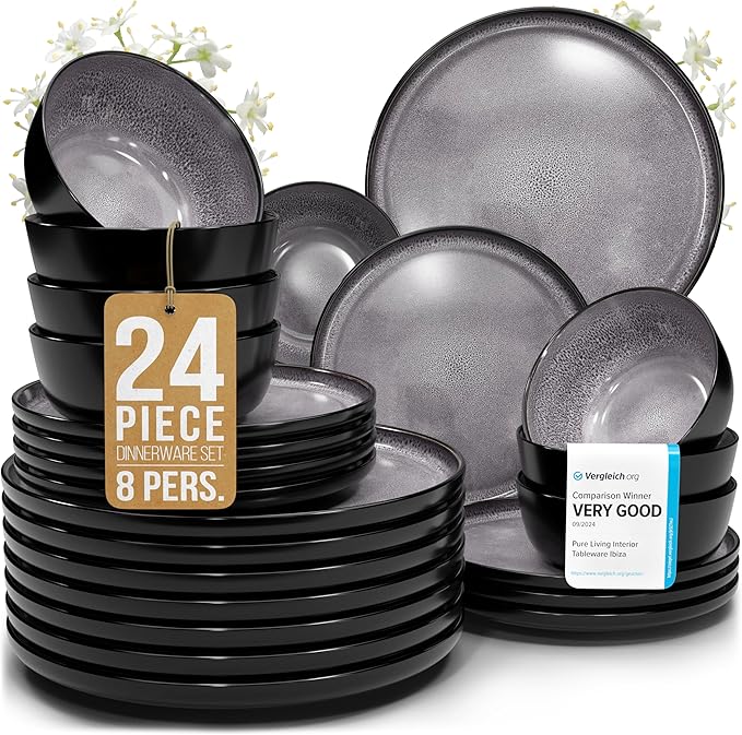 Stoneware dinnerware set 8 persons 24 pcs - Dishwasher, microwave and scratch resistant - Bowl and plate set 8 persons modern - Dinner service Pure Living black in gray…