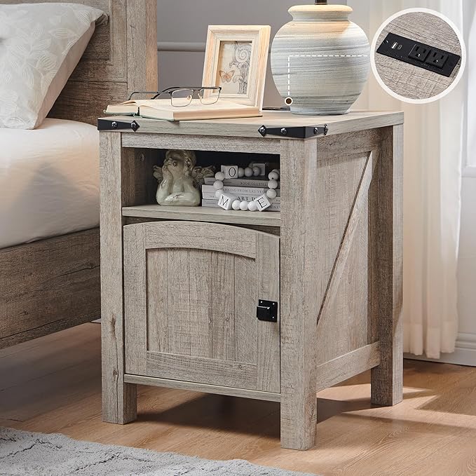 OKD Nightstand with Charging Station Set of 2, 18 Inchs Farmhouse End Table with Adjustable Storage Shelf, Rustic Wood Sofa Side Table for Bedroom