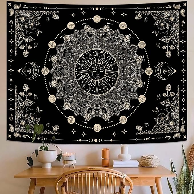Lunerfex Sun and Moon Mandala Tapestry Boho Tapestry for Bedroom Black and White Tapestries Wall Hanging Living Room Wall Art and Home Decor 60x80