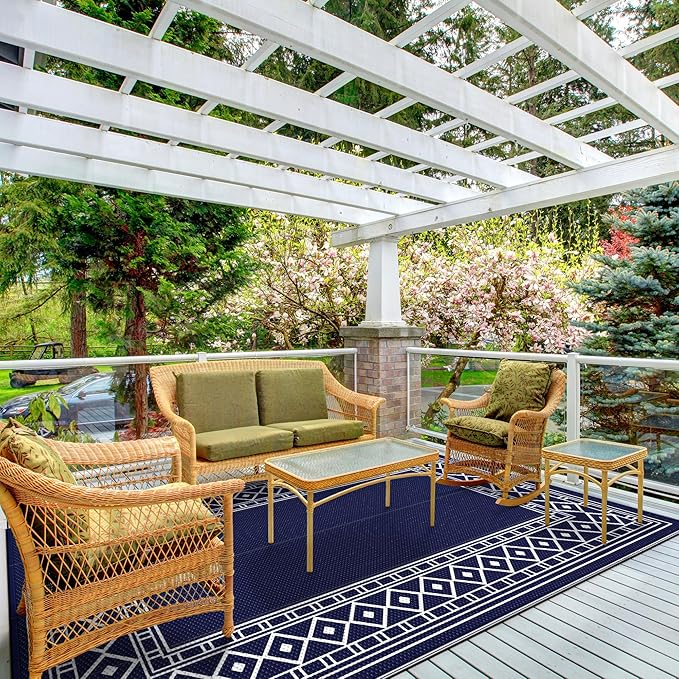 GENIMO Outdoor Rug Waterproof for Patio Decor, 5'x8' Reversible Plastic Straw Rug Carpet, Camping Mats for Outdoor, RV, Backyard, Deck, Balcony, Picnic, Blue & White