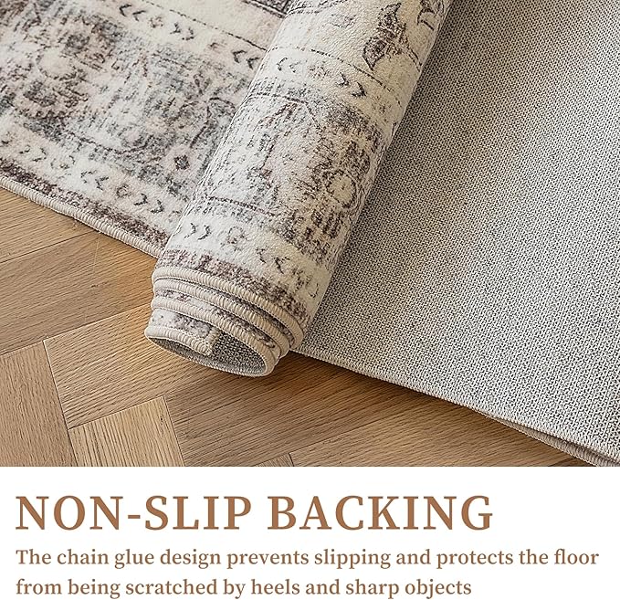 5'x7' Area Rug - Vintage Persian Medallion Design Low-Pile Faux Wool Rug, Non-Slip Backing, Machine Washable, for Living Room, Dining Room, Bedroom (Cream/Taupe)