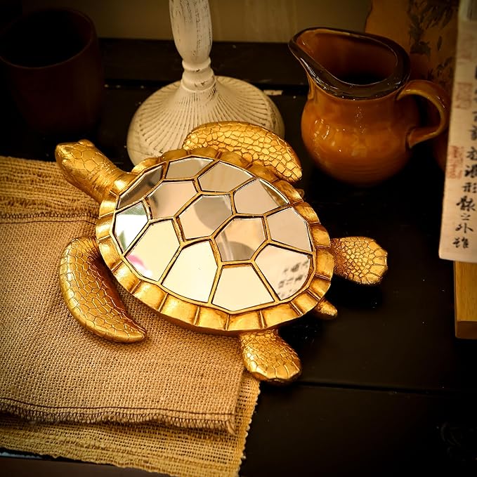 Vintage Wall Sculpture Animals Turtle Mirrors - Gold Resin Glass Wall Decor, Perfect for Victorian and European Themed Homes
