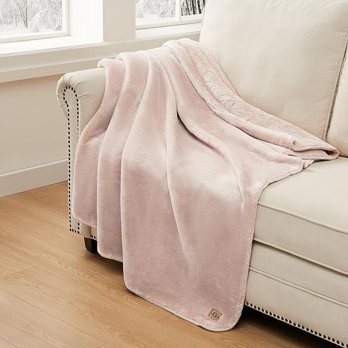 UGG Whitecap Plush Throw Blanket Fleece Lightweight Soft Throw for Couch or Bed Luxury Home Decor for Living Room Washable Hypoallergenic Blankets for Dorm Decor, 50-inch x 70-inch, Light Pink Quartz