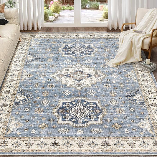 Washable Area Rugs for Living Room -10x12 Neutral Vintage Distressed Floral Farmhouse Boho Large Soft Floor Rug Indoor Non Slip Carpet for Living Room Bedroom Dining Room Office - Blue