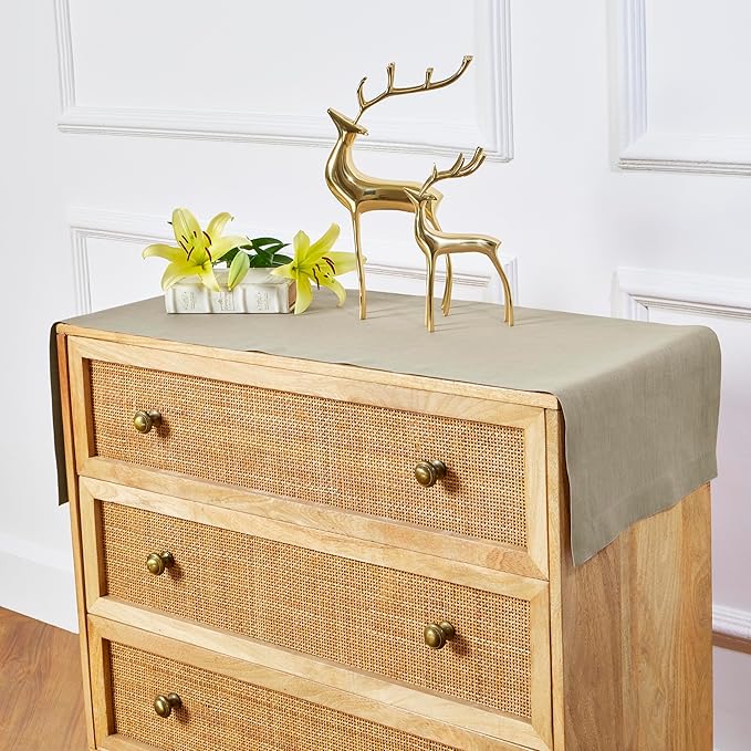 Solino Home Linen Table Runner 60 Inches - 100% Pure Linen Vintage Khaki Table Runner 14 x 60 Inch Ideal for Dresser and Coffee Tables - Fall, Autumn, Thanksgiving - Fete