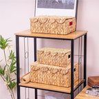 Set of 3 Scalloped Edge Wicker Basket with Lid, Rectangle Wicker Storage Basket with Built-in Handles, Multipurpose Organizer Rattan Display Boxes for Shelf, Nursery Room