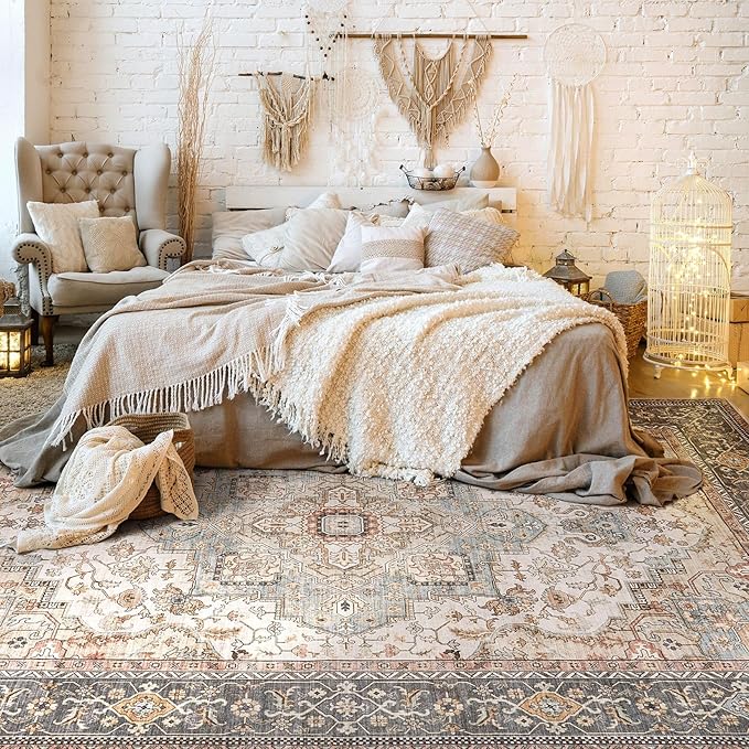 Washable Area Rugs for Living Room - 9x12 Neutral Vintage Distressed Floral Farmhouse Boho Large Soft Floor Rug Indoor Non Slip Carpet for Bedroom Dining Room Office -Forest Green Orange