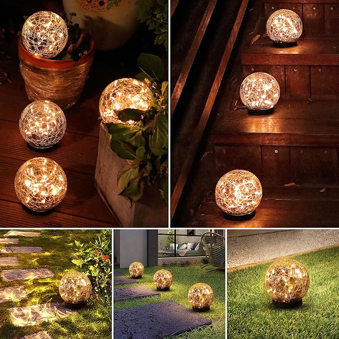 Solar Globe Lights Outdoor Waterproof-Solar Balls-Solar Garden Lights-Orbs for Outside 4 Pack Cracked Glass Ball for Lawn Patio Yard Backyard Decorations