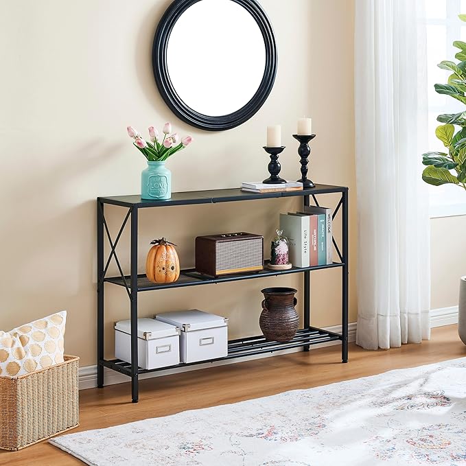 Hoctieon Industrial Console Table, 3 Tier Entryway Table, Hallway Table, Narrow Sofa Table with Shelves, Entrance Table for Entryway, Living Room, Foyer, Hallway, Office, Black
