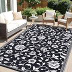 OLANLY Waterproof Outdoor Rug 9x12 ft, Outdoor Plastic Straw Rug with Flower Pattern, Reversible RV Mat for Patio, Camping, Balcony, Deck, Backyard, Black & White