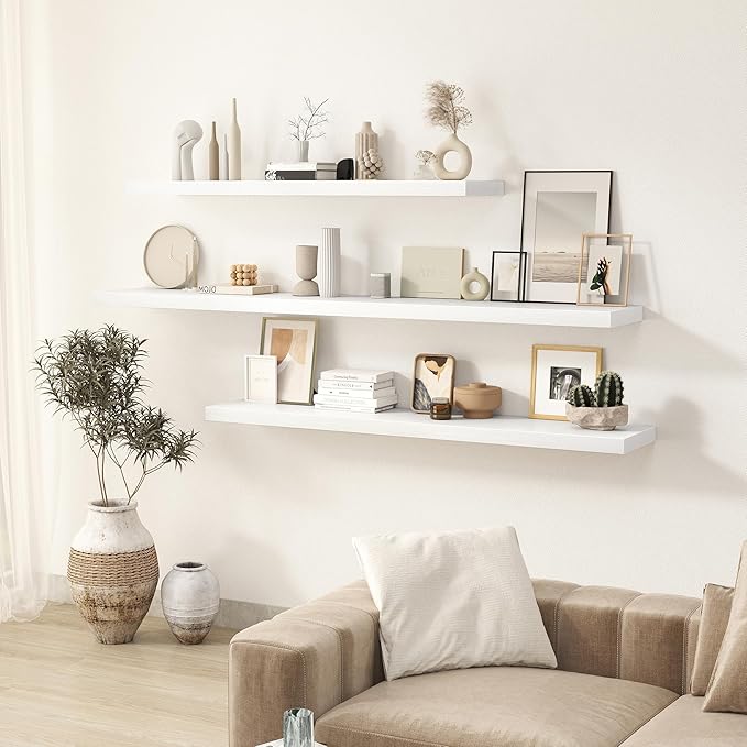 Fun Memories 72 Inch Floating Shelves for Wall 2 Pack Shelves for Bedroom|Kitchen|Bathroom 72 x 9.3 Inch Wood Floating Shelf with Invisible Brackets for Books|Storage|Decor, White