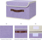 ANMINY 4PCS Storage Bins with Lid PU Leather Handles Storage Boxes PP Plastic Board Decorative Foldable Lidded Cotton Linen Fabric Home Cubes Baskets Closet Organizer Containers - Purple, Small Size