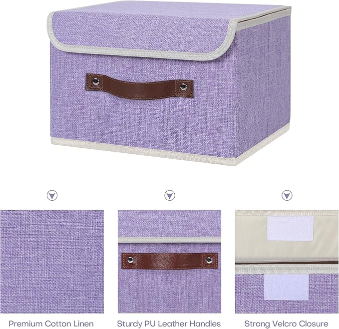 ANMINY Storage Bin with Lid Storage Boxes with PU Leather Handles PP Plastic Board Decorative Foldable Lidded Cotton Linen Fabric Home Cubes Baskets Closet Organizer Container - Purple, Small Size
