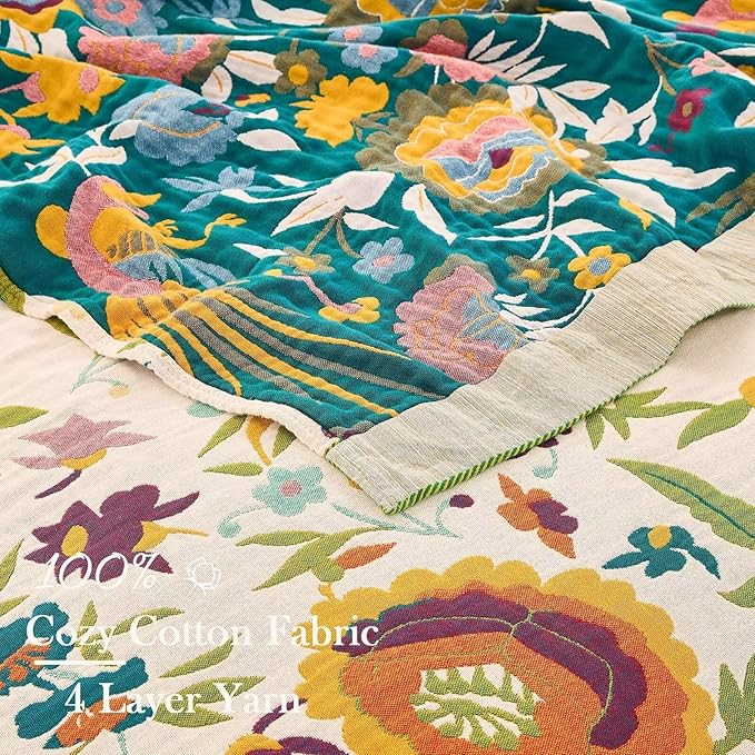 Boho Throw Blanket for Bed, 100% Cotton Soft Rustic Quilt Fall Blanket, 90"x98" Floral Printed Farmhouse Decor Bed Blankets, All Season Rustic Reversible Bohemian Throw Quilt