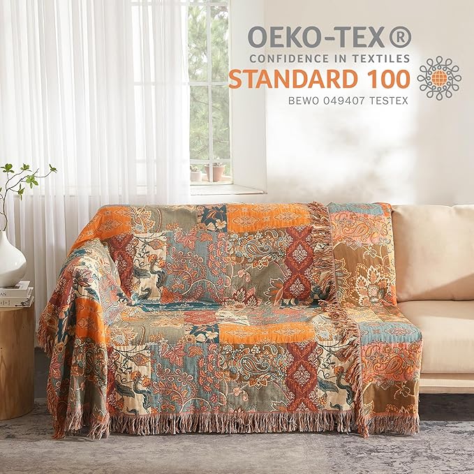 Boho Throw Blanket for Bed 80”x90”, 100% Cotton Woven Blanket for Couch Sofa, Ultra Soft 4-Layer Muslin Quilt with Patchwork Floral Printed, Farmhouse Bed Blanket/Cover for Living Room Decor