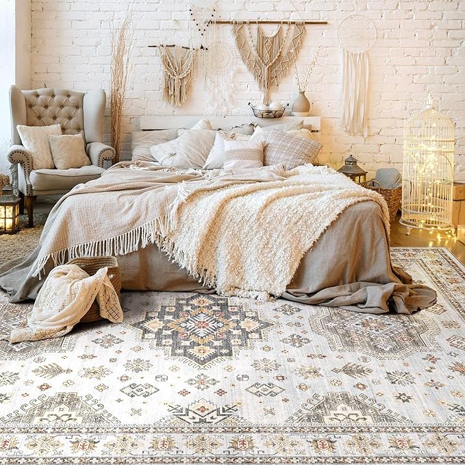 Washable Area Rugs for Living Room - 5x7 Neutral Vintage Distressed Floral Farmhouse Boho Large Soft Floor Rug Indoor Non Slip Carpet for Living Room Bedroom Dining Room Office - Blue Brown