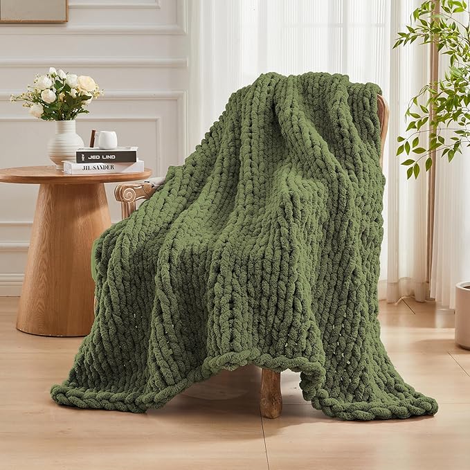 Carriediosa Chunky Knit Throw Blanket 50" X 60", 100% Hand Made Large Chenille Loop Yarn Soft Fluffy Throws for Couch Sofa Bed, Big Crochet Cozy Heavy Thick Cable Woven Blankets, Olive Green