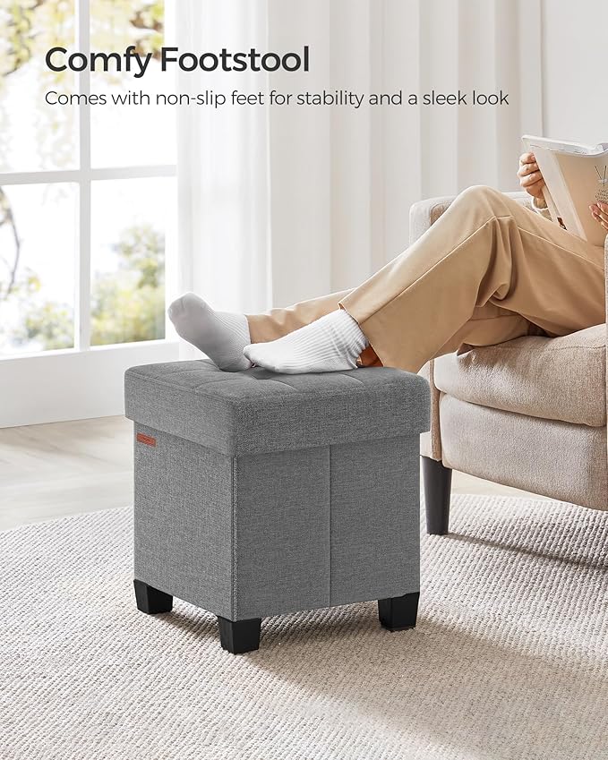 SONGMICS Storage Ottoman, Small Ottoman Foot Rest with Legs, 15 x 15 x 15.7 Inches Foot Stool, Load up to 660 lb, for Living Room, Bedroom, Dorm, Dove Gray ULSF014G02