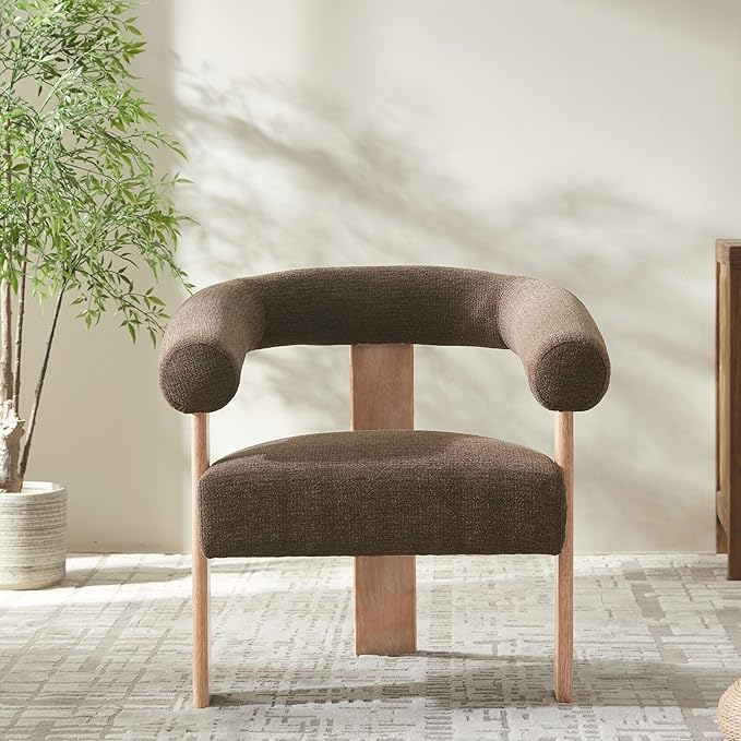 VKNOW Accent Chair Living Room Chair, Modern Upholstered Armchair with Solid Wood Legs, Comfy Barrel Arm Chairs for Living Room Bedroom, Brown