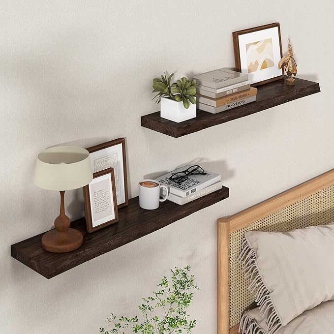 Axeman 32 inch Floating Shelves for Wall - 8'' D Live Edge Rustic Solid Elm Wood Floating Shelves Wall Mounted, Wall Shelves with Invisible Bracket for Living Room Bedroom Kitchen, Set of 2 Walnut