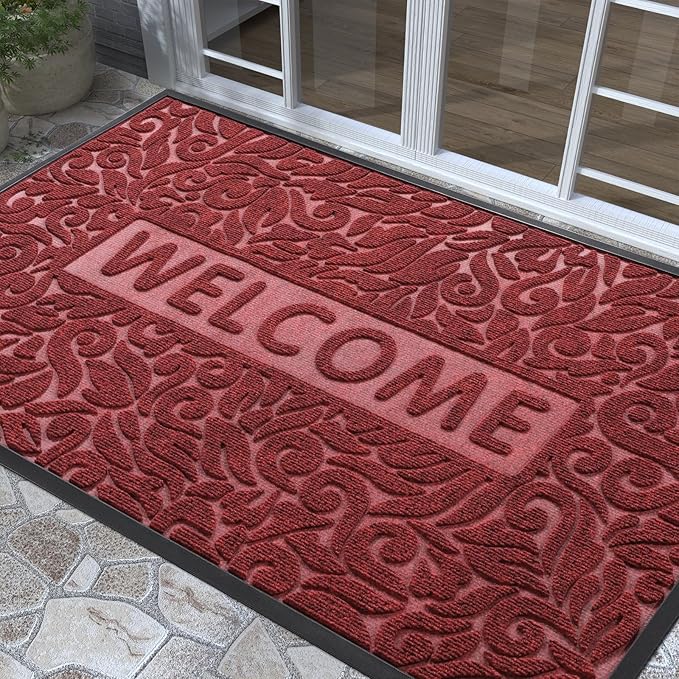 Yimobra Welcome Front Door Mat Outdoor, Heavy Duty Sturdy Non Slip Doormats, Rubber Backing, Low-Profile Entrance Rugs, Absorbent Resist Dirt, Easy Clean Patio Garage Floor Mats, 60X36 Inch, Wine Red