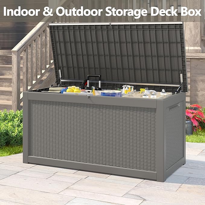 260 Gallon Resin Deck Box, Large Indoor and Outdoor Storage Box, Weatherproof and UV Resistant Outdoor Storage Box with Built-in Steel Beams for Patio Cushions, Pool Supplies