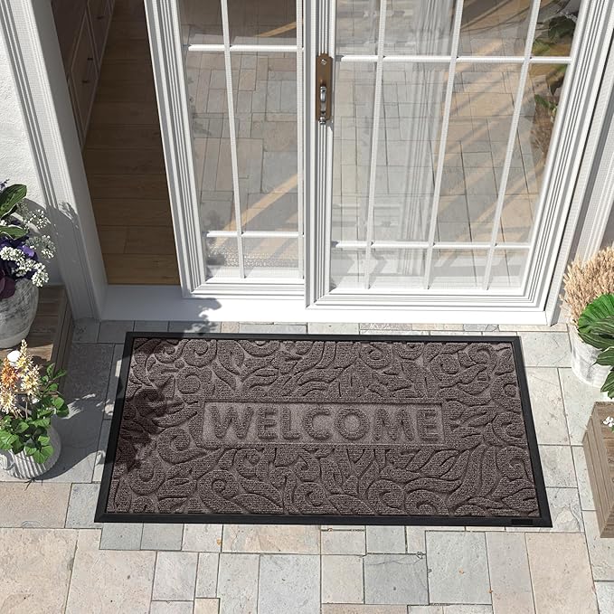Yimobra Welcome Front Door Mat Outdoor, Heavy Duty Sturdy Non Slip Doormats, Rubber Backing, Low-Profile Entrance Rugs, Absorbent Resist Dirt, Easy Clean Patio Garage Floor Mats, 47X24 Inch, Brown
