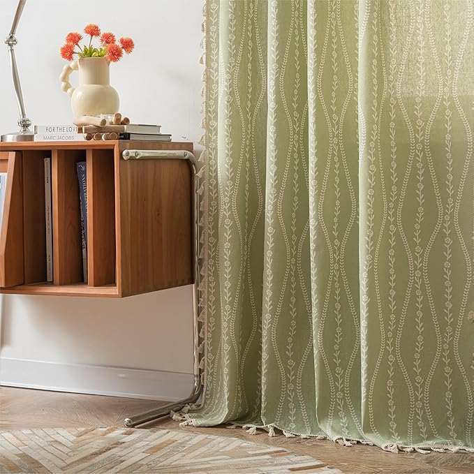 Sutuo Home Boho Curtains 63 Inches Length for Kitchen Doorway Cafe Dining Room, Vintage Tassels Window Treatment Drape for Xmas Decorations Rod Pocket, 1 Panel 59" W x 63" L,Green Stripe Floral