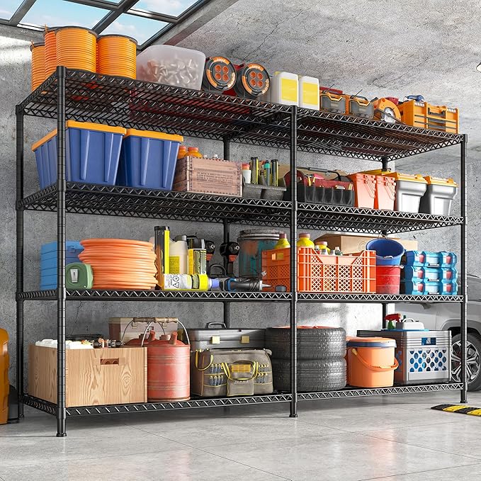 REIBII 81.5''W Storage Shelves 3680LBS Garage Shelving Heavy Duty 4 Tier Metal Shelving Unit Adjustable Wire Shelf and Storage Pantry Shelves for Kitchen Garage, 81.5Wx23.62Dx70.86H，Black, 2PCS