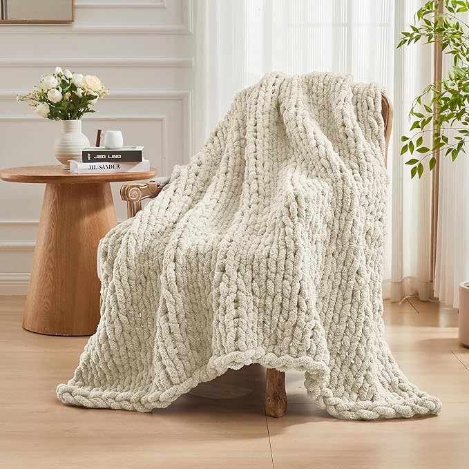 Carriediosa Chunky Knit Throw Blanket 60" X 80" Twin, 100% Hand Made Large Chenille Loop Yarn Soft Fluffy Throws for Couch Sofa Bed, Big Crochet Cozy Heavy Thick Cable Woven Blanket, Light Beige