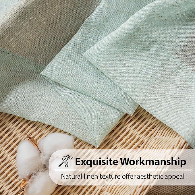 FMFUNCTEX Linen Sheer Curtains for Bedroom, Sage Green Curtains 96 inches Long for Living Room, Farmhouse French Flax Blend Window Draperies, Rod Pocket 2 Panels Set