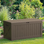 JUMMICO 120 Gallon Resin Deck Box, Large Outdoor Storage Box Waterproof & Lockable for Garden, Patio, Pools (Brown)