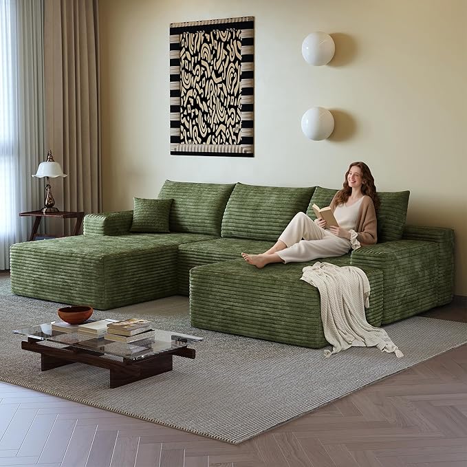 108" Sectional Couches for Living Room Modern Modular Sofa with L-Shape Couchs Upholstered Boneless Couch Deep Seat Sectional Couch with Chaise (Green, Left Facing Chaise+2Seaters+1Ottoman)