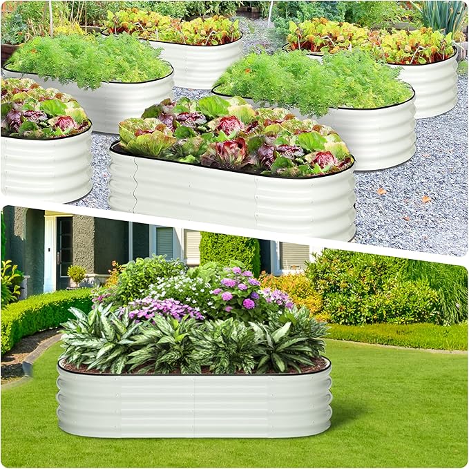 2 Pcs 4.5x2x1.5ft Oval Raised Garden Bed,Galvanized Raised Beds,Open-Ended Base Metal Raised Planter Beds,Garden Bed Outdoor,Planter Raised Boxes for Vegetables,Flowers,Tool-Free Asse,White