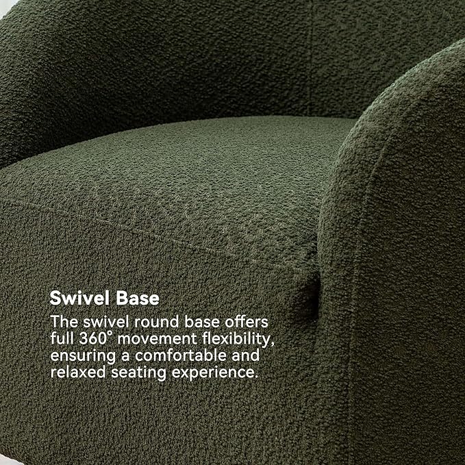 KINWELL 32" Wide Modern Boucle Swivel Barrel Chair, No Assembly Round Upholstered Swivel Accent Armchair for Living Room, Bedroom, Office (Green)